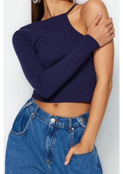 Kadın Moda Şık Crop Bisiklet Yaka Tek Kol Slim Kalıp Örme Fitilli Fitted Vücuda Oturan Esnek Bluz