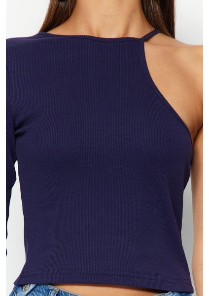 Kadın Moda Şık Crop Bisiklet Yaka Tek Kol Slim Kalıp Örme Fitilli Fitted Vücuda Oturan Esnek Bluz