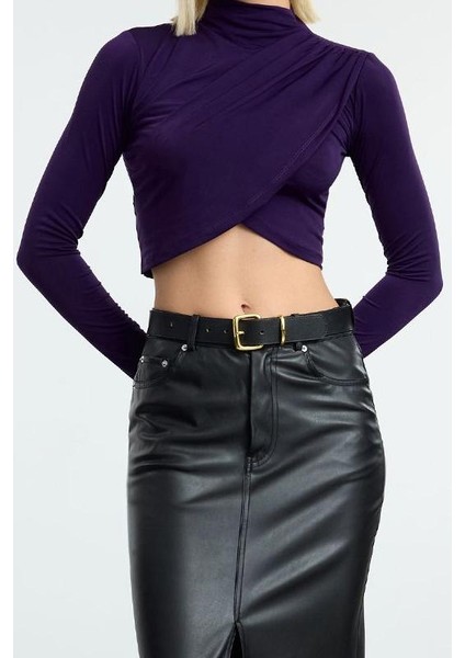 Stil Kadın Drapeli Crop Bluz Super Crop Örme Slim Kalıp