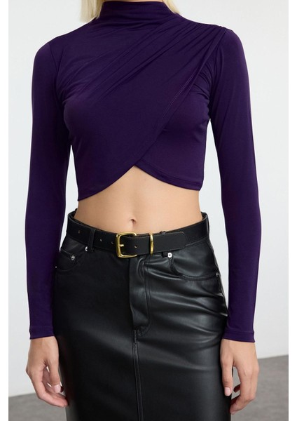 Stil Kadın Drapeli Crop Bluz Super Crop Örme Slim Kalıp modelleri