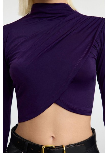 Stil Kadın Drapeli Crop Bluz Super Crop Örme Slim Kalıp fırsatları