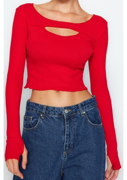 Stil Kadın Fitilli Fitted Vücuda Oturan Pencere Cut Out Detaylı Esnek Bluz Crop Örme Slim Kalıp fiyatları