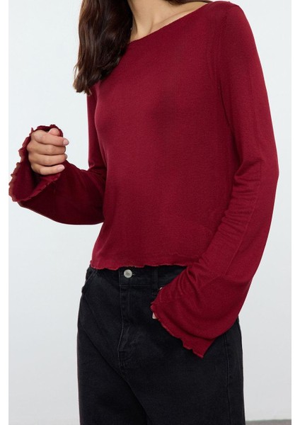 Kadın Moda Şık Üst Giyim Crop Bisiklet Yaka Ispanyol Kol Regular Kalıp Örme Kayık Yaka Fit Bluz