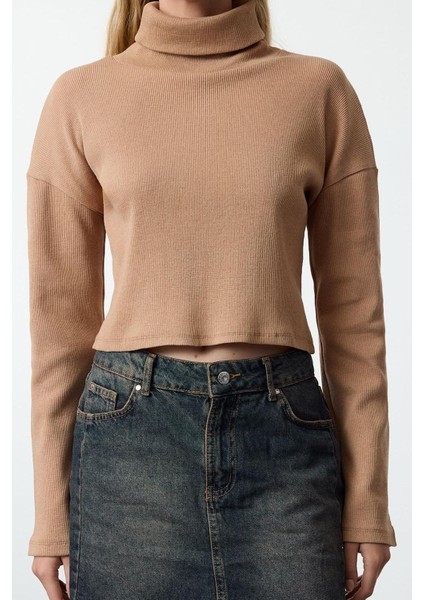 Kadın Moda Şık Üst Giyim Super Crop Dik Yaka Slim Kalıp Örme Fitted Vücuda Oturan Crop Esnek Bluz