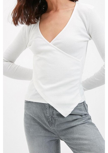 Stil Kadın Fitted Vücuda Oturan Yaka Kol Fitilli Esnek Bluz Regular Örme Slim Kalıp fırsatları