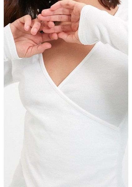 Stil Kadın Fitted Vücuda Oturan Yaka Kol Fitilli Esnek Bluz Regular Örme Slim Kalıp indirimleri