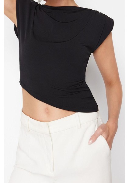 Stil Kadın Asimetrik Vatkalı Bluz Regular Örme Fitted Kalıp