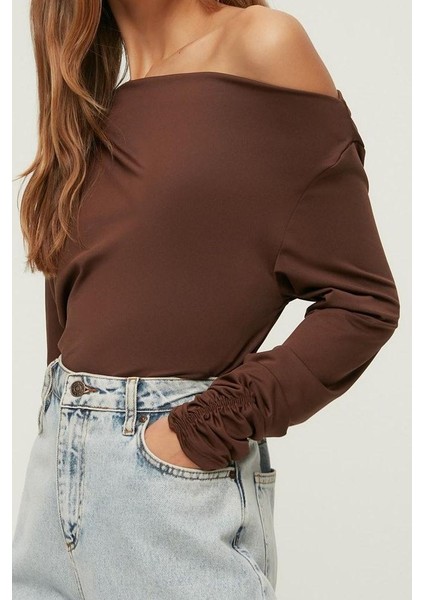 Stil Kadın Dökümlü Esnek Bluz Regular Örme Regular Kalıp Büzgülü/fırfırlı Kol