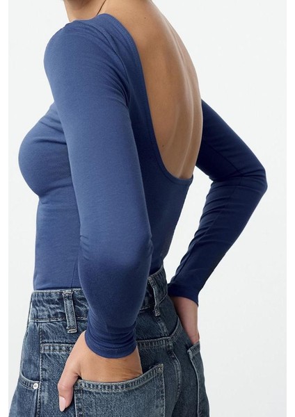 Stil Kadın Pamuklu Sırt Dekolteli Fitted Vücuda Oturan Esne Bluz Regular Örme Slim Kalıp