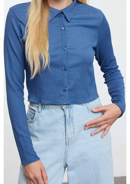 Stil Kadın Düğmeli Fitted Vücuda Oturan Polo Yaka Bürümcük Dokulu Bluz Crop Örme Slim Kalıp