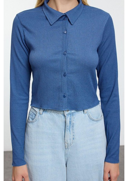 Stil Kadın Düğmeli Fitted Vücuda Oturan Polo Yaka Bürümcük Dokulu Bluz Crop Örme Slim Kalıp modelleri