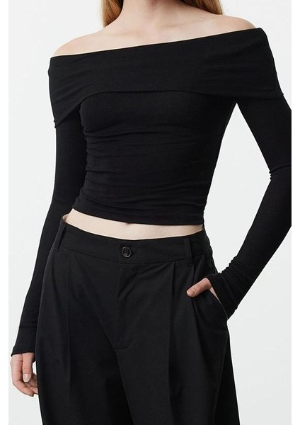 Kadın Moda Şık Üst Giyim Crop Carmen Yaka Slim Kalıp Örme Kısa Esnek Bluz modelleri