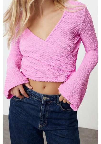 Stil Kadın Dokulu Kumaş Yaka Normal Kalıp Bluz Crop Örme Regular Kalıp Ispanyol Kol