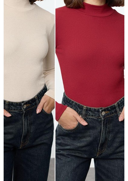 Stil Kadın 2li Paket Fitilli Fitted Vücuda Oturan Kol Esnek Bluz Regular Örme Slim Kalıp