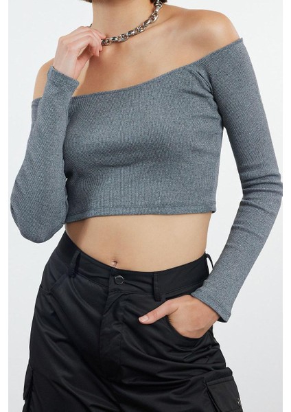Stil Kadın Fitted Vücuda Oturan Fitilli Esnek Bluz Super Crop Örme Slim Kalıp Düşük Kol