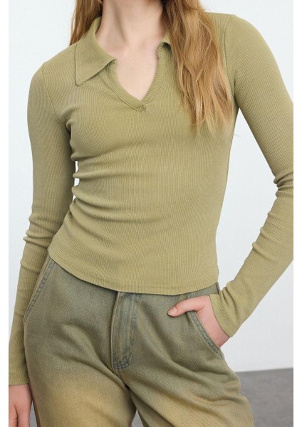 Stil Kadın Eskitme Soluk Efektli Vücuda Oturan Fitilli Esnek Bluz Crop Örme Slim Kalıp