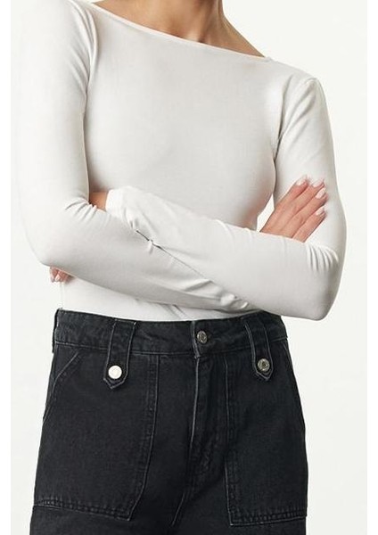 Stil Kadın Pamuklu Sırt Dekolteli Fitted Vücuda Oturan Esnek Bluz Regular Örme Slim Kalıp