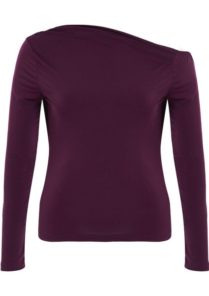Kadın Moda Şık Büyük Beden Regular Asimetrik Yaka Fitted Kalıp Örme Büzgülü Tek Omuz Bluz