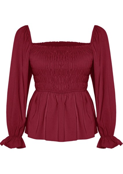 Kadın Moda Şık Büyük Beden Crop Kare Yaka Büzgülü/fırfırlı Kol Fitted Kalıp Dokuma Gipeli Bluz