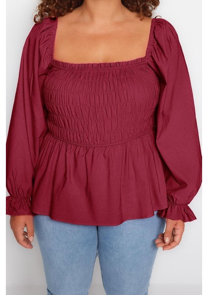 Kadın Moda Şık Büyük Beden Crop Kare Yaka Büzgülü/fırfırlı Kol Fitted Kalıp Dokuma Gipeli Bluz fiyatları