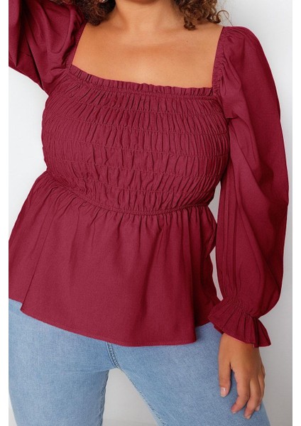 Kadın Moda Şık Büyük Beden Crop Kare Yaka Büzgülü/fırfırlı Kol Fitted Kalıp Dokuma Gipeli Bluz modelleri