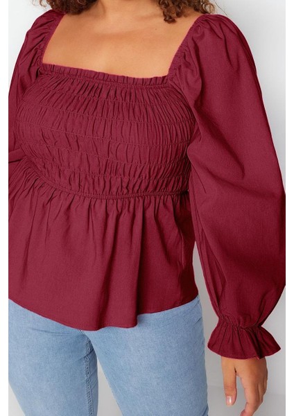 Kadın Moda Şık Büyük Beden Crop Kare Yaka Büzgülü/fırfırlı Kol Fitted Kalıp Dokuma Gipeli Bluz fırsatları
