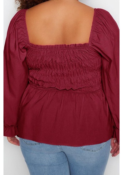 Kadın Moda Şık Büyük Beden Crop Kare Yaka Büzgülü/fırfırlı Kol Fitted Kalıp Dokuma Gipeli Bluz indirimleri