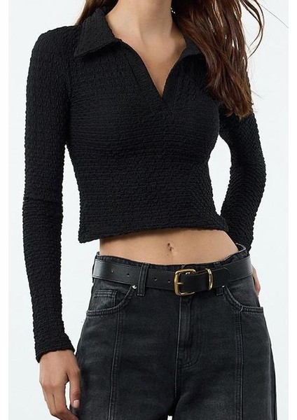 Kadın Moda Şık Üst Giyim Crop Polo Yaka Slim Kalıp Örme Dokulu Kumaş Fitted Vücuda Oturan Bluz