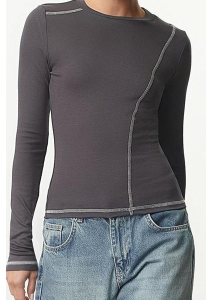 Kadın Regular Bisiklet Yaka Slim Kalıp Örme Fitted Vücuda Oturan Karyoka Dikiş Detaylı Esnek Bluz modelleri