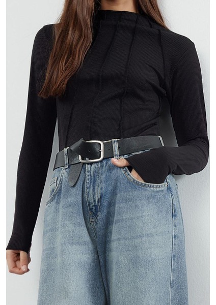 Stil Kadın Fitted Fermuarlı Biye Detaylı Fitilli Esnek Bluz Standart Örme Kalıp Reglan Kol