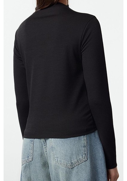 Stil Kadın Fitted Fermuarlı Biye Detaylı Fitilli Esnek Bluz Standart Örme Kalıp Reglan Kol indirimleri