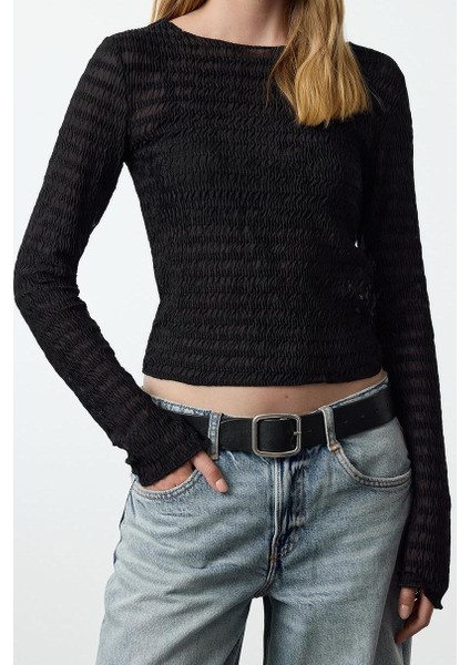 Stil Kadın Fitted Vücuda Oturan Dokulu Tül Esnek Bluz Regular Örme Slim Kalıp