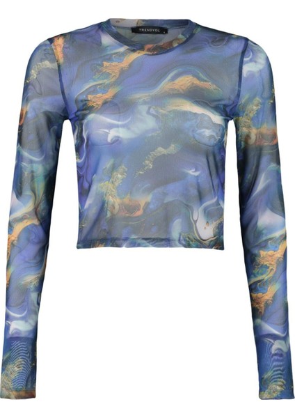 Kadın Moda Şık Crop Bisiklet Yaka Slim Kalıp Örme Baskılı Tül Fitted Vücuda Oturan Esnek Bluz