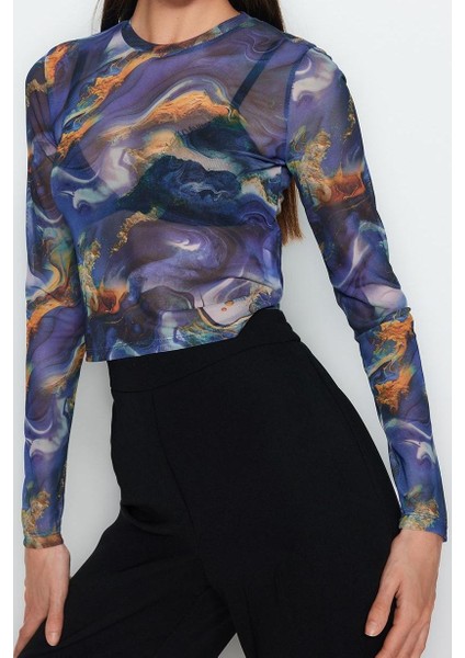Kadın Moda Şık Crop Bisiklet Yaka Slim Kalıp Örme Baskılı Tül Fitted Vücuda Oturan Esnek Bluz modelleri