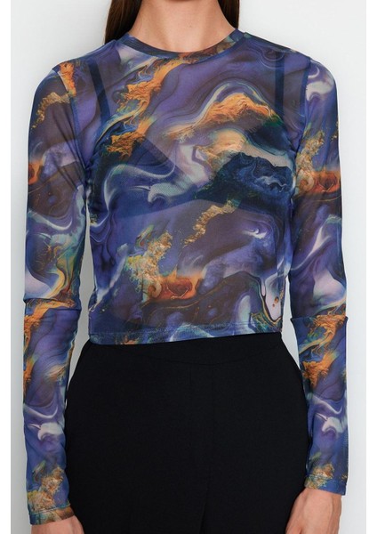 Kadın Moda Şık Crop Bisiklet Yaka Slim Kalıp Örme Baskılı Tül Fitted Vücuda Oturan Esnek Bluz fırsatları