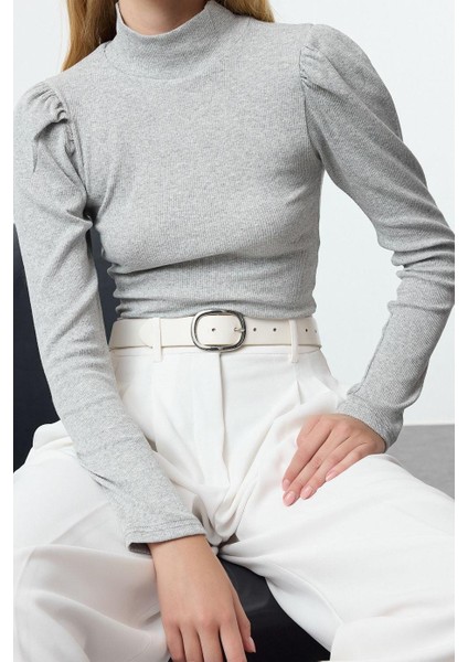 Stil Kadın Fitted Vücuda Oturan Lu Fitilli Esnek Bluz Regular Örme Slim Kalıp Balon Kol
