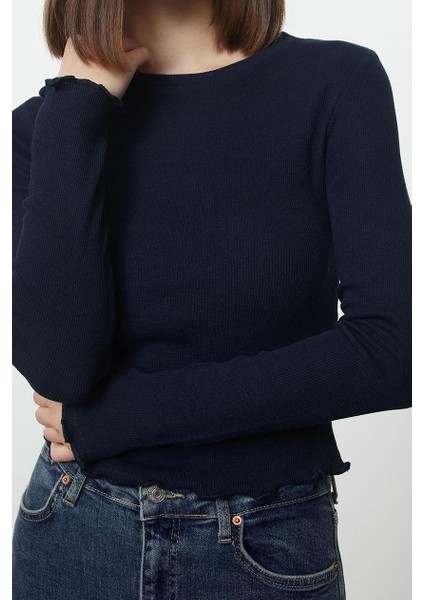 Stil Kadın Fitted Vücuda Oturan Fitilli Esnek Bluz Crop Örme Slim Kalıp