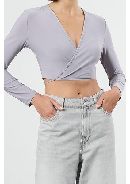 Stil Kadın Yaka Fitted Vücuda Oturan Esnek Bluz Crop Örme Slim Kalıp