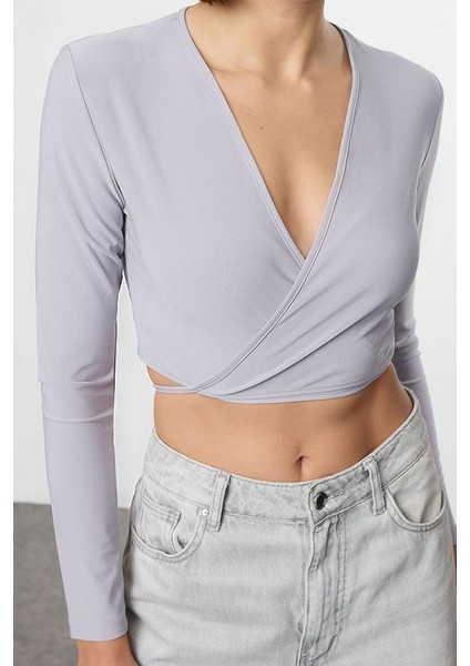Stil Kadın Yaka Fitted Vücuda Oturan Esnek Bluz Crop Örme Slim Kalıp fiyatları