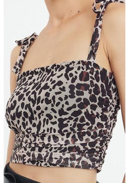 Stil Kadın Animal Leopar Desenli Bağlama Detaylı Esnek Bluz Crop Örme Slim Kalıp fiyatları