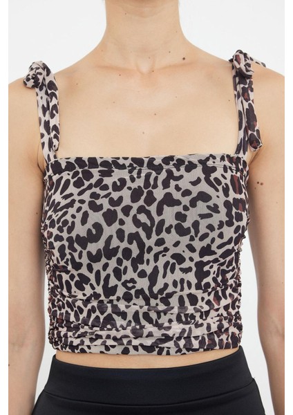 Stil Kadın Animal Leopar Desenli Bağlama Detaylı Esnek Bluz Crop Örme Slim Kalıp modelleri