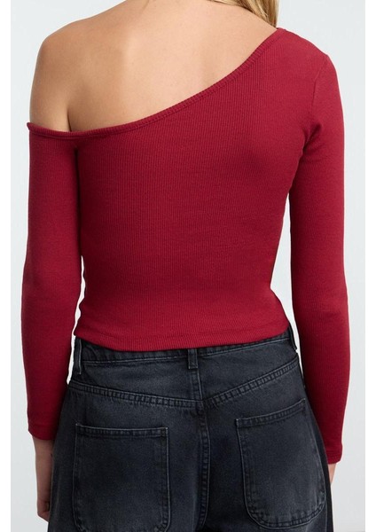 Stil Kadın Fitted Vücuda Oturan Omzu Açık Fitilli Bluz Crop Örme Slim Kalıp Düşük Kol fırsatları