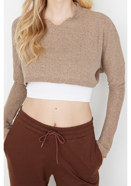 Stil Kadın Kol Triko Görünümlü Bluz Super Crop Örme Relaxed Kalıp Düşük Kol