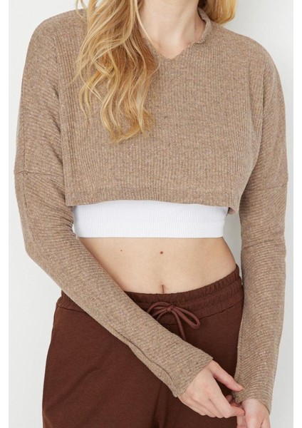 Stil Kadın Kol Triko Görünümlü Bluz Super Crop Örme Relaxed Kalıp Düşük Kol fiyatları