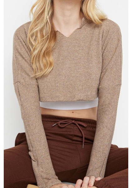 Stil Kadın Kol Triko Görünümlü Bluz Super Crop Örme Relaxed Kalıp Düşük Kol modelleri