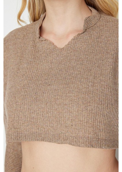Stil Kadın Kol Triko Görünümlü Bluz Super Crop Örme Relaxed Kalıp Düşük Kol fırsatları