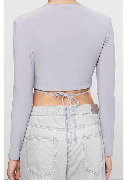 Stil Kadın Yaka Fitted Vücuda Oturan Esnek Bluz Crop Örme Slim Kalıp indirimleri