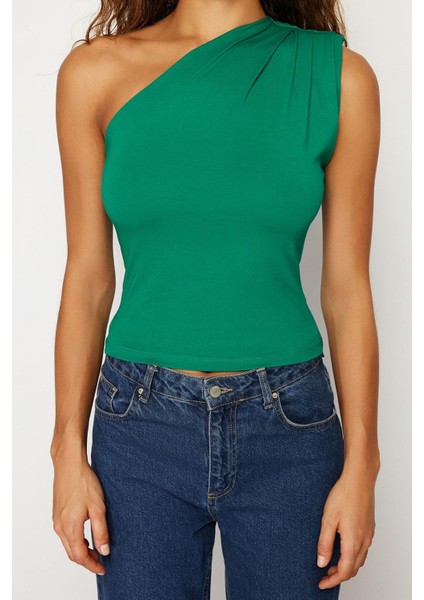 Kadın Moda Şık Regular Asimetrik Yaka Tek Kol Slim Kalıp Örme Asimetrik Tek Omuz Vatkalı Esnek Bluz