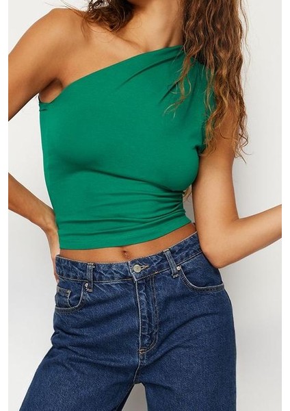 Kadın Moda Şık Regular Asimetrik Yaka Tek Kol Slim Kalıp Örme Asimetrik Tek Omuz Vatkalı Esnek Bluz