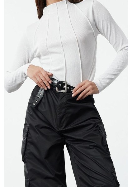 Stil Kadın Fitted Fermuarlı Biye Detaylı Fitilli Esnek Bluz Standart Örme Regular Kalıp Reglan Kol